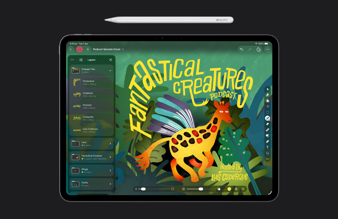 Apple Pencil, iPad Pro 13 screen, Pixelmator Pro, illustration of a podcast episode cover, layering toolkit