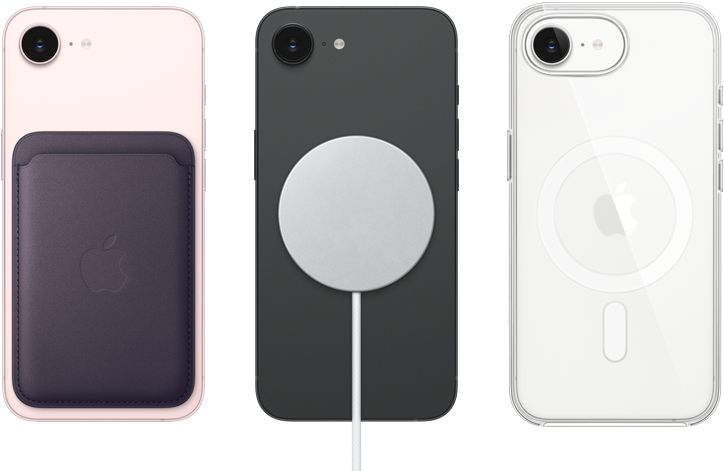 iPhone 17e, заден екстериор, нежен розов цвят, FineWoven Wallet с MagSafe, iPhone 17e, заден екстериор, черен цвят, закачен MagSafe Charger, iPhone 17e, заден екстериор, бял цвят, Clear Case с MagSafe