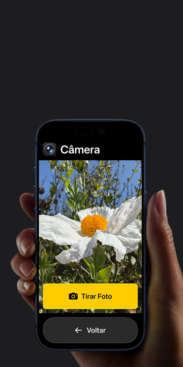 Tela do iPhone 17 Pro com a interface simplificada do app Câmera. Uma flor branca aparece enquadrada, com os botões “Tirar Foto” e “Voltar” exibidos abaixo.