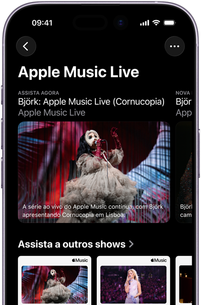 Tela do Apple Music Live no iPhone mostrando Assista Agora e shows anteriores