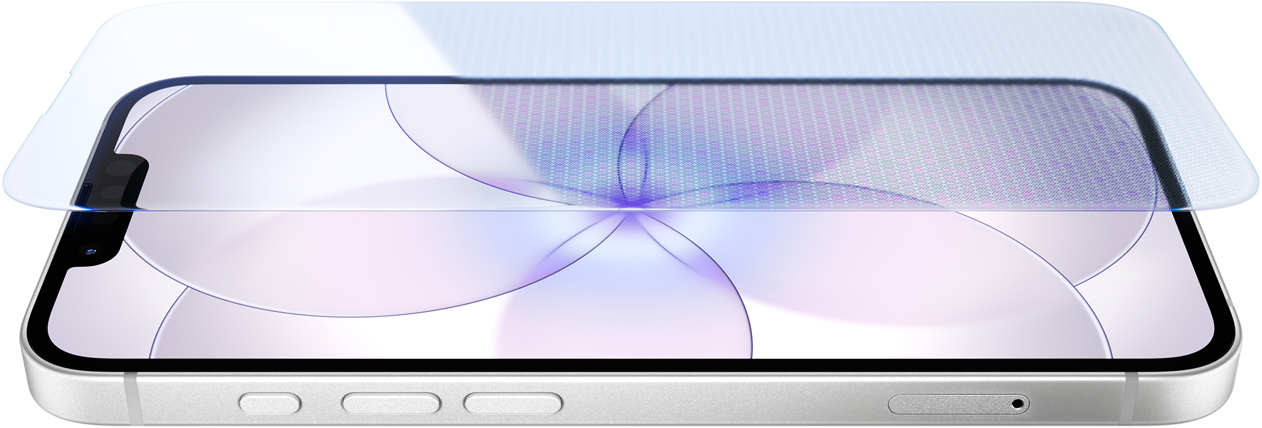 Tela com Ceramic Shield 2 de um iPhone 17e branco virado para cima, mostrando os botões de Ação e de volume na lateral