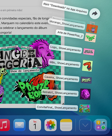 Close do Dock na parte inferior com vários arquivos abertos como um leque a partir do Dock