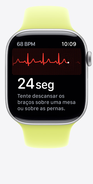 Apple Watch Series 11 com caixa prateada de alumínio, app ECG, batimentos por minuto no canto superior direito, linha de ritmo centralizada e timer, pulseira esportiva amarelo-néon