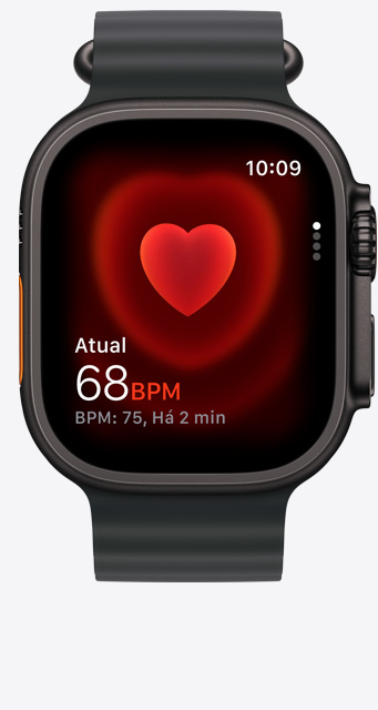 Apple Watch Ultra 3 com caixa de titânio preta, app Batimentos, batimentos por minuto atuais
