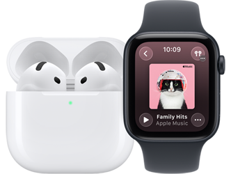 AirPods 4, microphone, in MagSafe Charging Case, open, rounded corners, green charge indicator light, Apple Watch SE 3, aluminum case, midnight colour, Apple Music app, now playing screen, midnight Sport Band