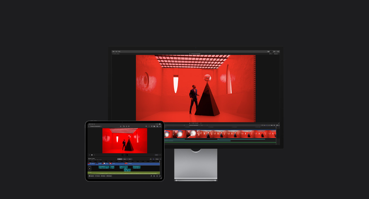 Studio Display pour Mac, iPad Pro 13 pouces, timeline de Final Cut Pro, image d’un homme en costume bleu plaçant un ballon argent au-dessus d’une pyramide noire dans une pièce rouge avec des fenêtres de forme abstraite