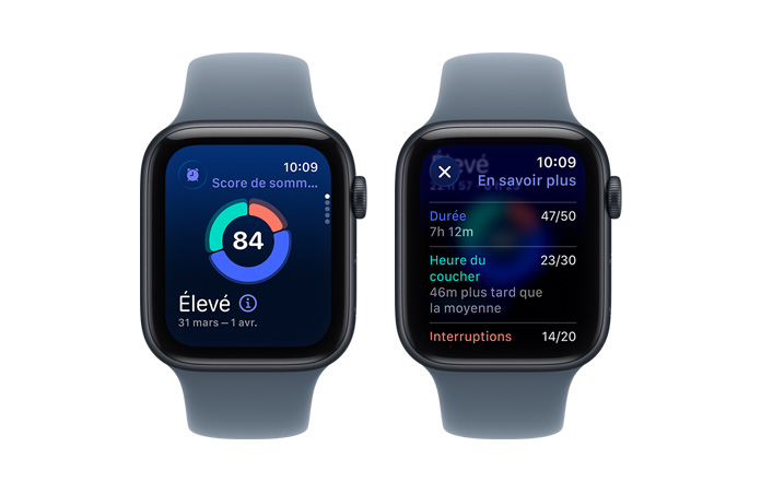 Apple Watch SE 3, score de sommeil, graphique circulaire et note chiffrée, analyse du temps passé en éveil et en sommeil paradoxal, fondamental et profond avec Phases de sommeil