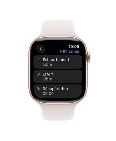 Apple Watch Series 11, or rose, boîtier en aluminium, app Exercice, tuile d’entraînement personnalisé, bracelet sport rose tendre