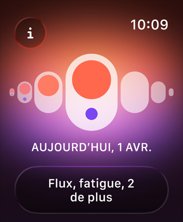 Suivi du cycle dans l’app Santé, points orange et violets soulignant différents symptômes de menstruations