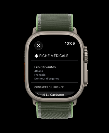 Apple Watch Ultra 3, naturel, boîtier en titane, écran de la fiche médicale