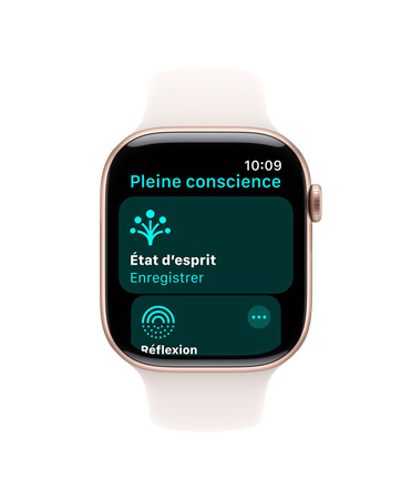 Apple Watch Series 11, boîtier en aluminium, or rose, app Pleine conscience ouverte, côté droit : Digital Crown, bracelet sport rose tendre