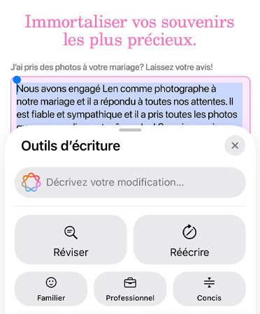 Outils d’écriture en cours d’utilisation avec les options pour réécrire, réviser et résumer ainsi que les styles familier, professionnel et concis