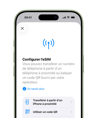 iPhone 17, face avant, fonctionnalité Configurer le service cellulaire en cours d’utilisation transférant un numéro de téléphone avec une eSIM en toute simplicité