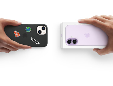 Hands exchanging trade-in iPhone 13 with Silicon cover, stickers on back exterior, for new iPhone 17 Pro in the box.