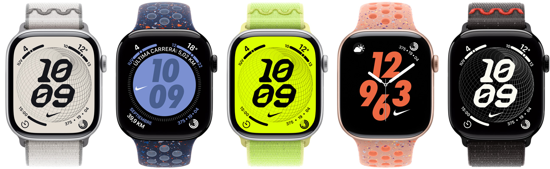 Dispositivos Apple Watch, correas de Nike: correa loop deportiva Nike gris sutil, correa deportiva Nike azul cinta, correa loop deportiva Nike color Volt Splash, correa deportiva Nike rosa alpenglow, correa deportiva Nike negro medianoche, carátulas Nike: Globo, Hybrid, Bounce, Digital