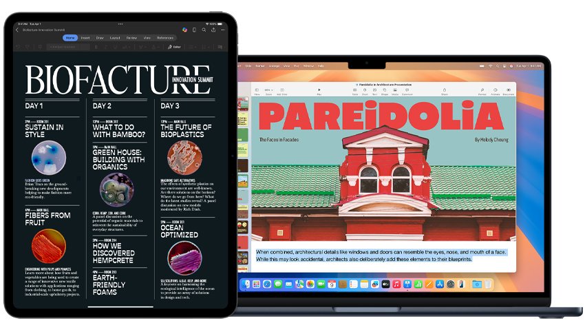 Un iPad y un MacBook muestran proyectos escolares.