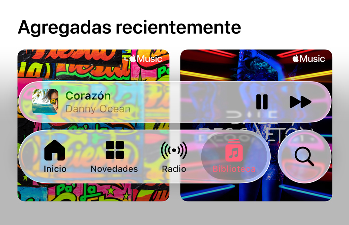Controles translúcidos en Apple Music que refractan el fondo