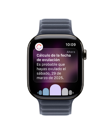 Apple Watch Series 11, color pizarra, caja de titanio, notificación de cálculo de la fecha de ovulación de Control del Ciclo en la app Salud, Digital Crown, correa de eslabones magnéticos, color azul marino