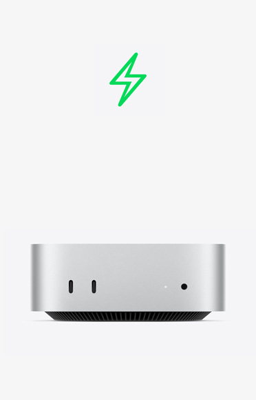 Zelený symbol blesku, pohled zepředu na Mac mini, dva porty USB‑C, stavová kontrolka