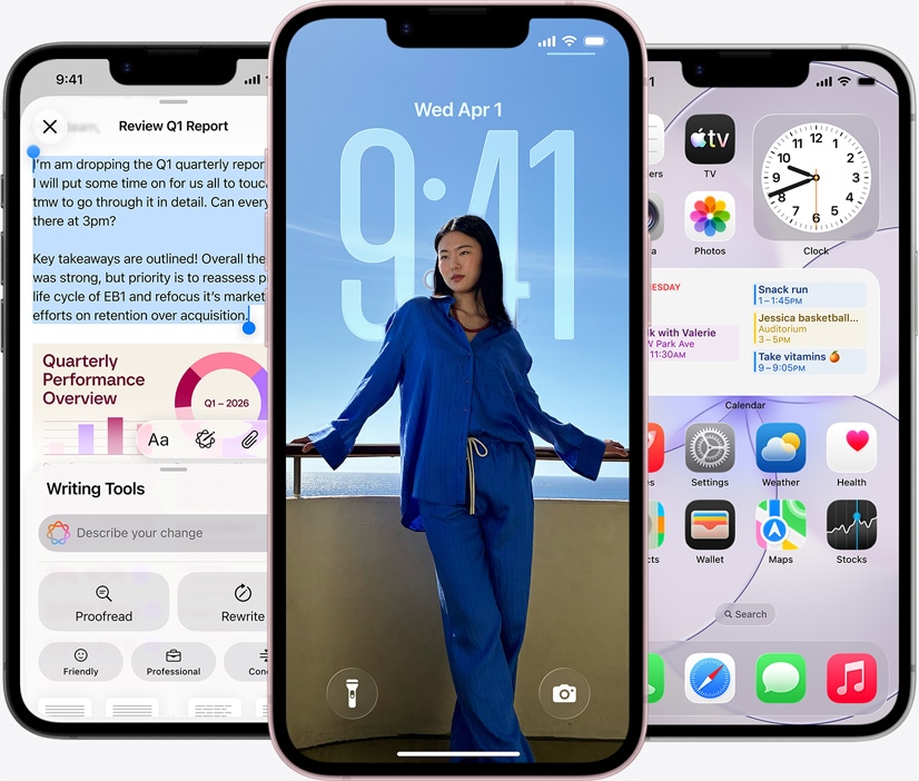 Tři iPhony 17e, v aplikaci Zprávy se odesílá zpráva přes satelit, zamknutá obrazovka s fotkou osoby a upozorněním na 
událost v kalendáři a ukázka použití Apple Intelligence ve spojení se snímkem obrazovky