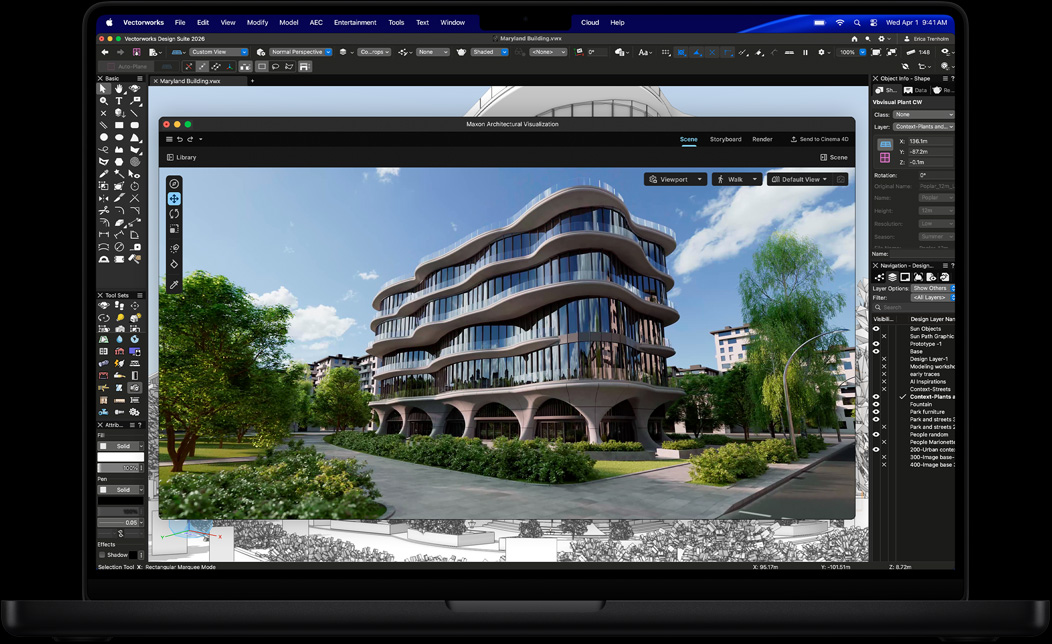 Vectorworks Design Suite s Maxon Redshiftem na obrazovce MacBooku Pro