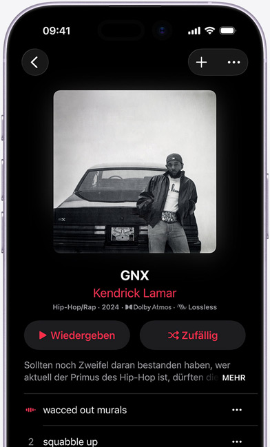 Ein iPhone Display zeigt das Album „GNX“ von Kendrick Lamar auf Apple Music