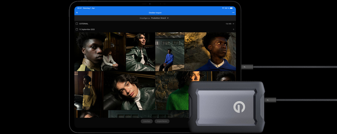 iPad Pro, Vorderansicht, Querformat, Farbe Space Schwarz, über ein Kabel mit einer externen USB‑C Festplatte verbunden, das Display zeigt Fotos von Modellen, die in einen Ordner mit dem Namen „Kampagnen Shooting“ importiert werden