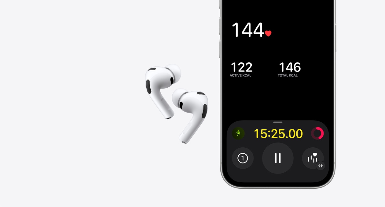 AirPods Pro 3, valge värv, iPhone 17 Pro ekraani alaosa, rakendus Fitness, pulsi mõõtmise funktsioon