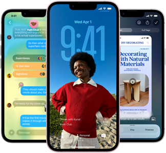 Kolm iPhone 17e seadet, kuvatud rakendus Messages koos Liquid Glass disainiga, dünaamiline Lock Screen ja Visual Intelligence kasutuses