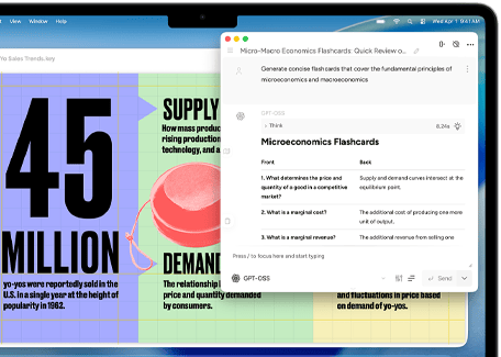 MacBook Airi ekraan näitamas Apple Intelligence'i kirjutamistööriistasid loomas mikro- ja makroökonoomika teemalisi flash-kaarte