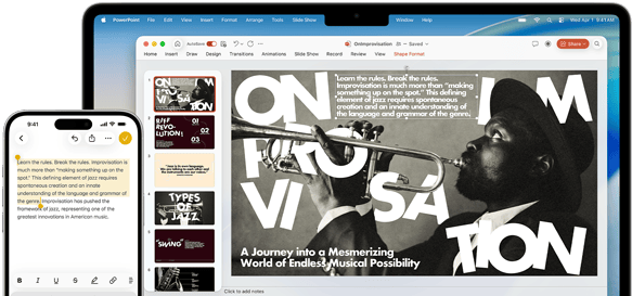 iPhone 16 Plus, millel on tekst Notes rakenduses esile tõstetud, MacBook Air avatud Keynote slaidiga, millel on nähtav rakenduse Notes tekst