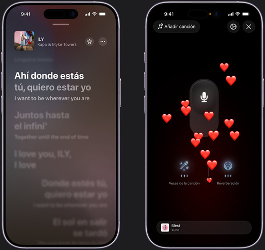 El iPhone de la izquierda muestra el modo Canta en Apple Music con la canción «ILY» de Kapo y Myke Towers. El iPhone de la derecha muestra el mismo modo, pero con emojis de corazones que suben desde la parte inferior de la pantalla, un icono de un micrófono en el centro de la pantalla, y los iconos de las prestaciones de voces de la canción y de reverberación del micrófono en la parte inferior de la pantalla
