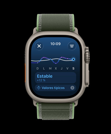 Apple Watch Ultra 3, color natural, caja de titanio, gráfica temporal de Carga de Ejercicio, correa Loop Trail, color verde/neón