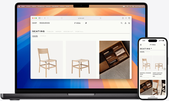 Pantallas de un MacBook y un iPhone con la misma página de Safari abierta en ambos dispositivos