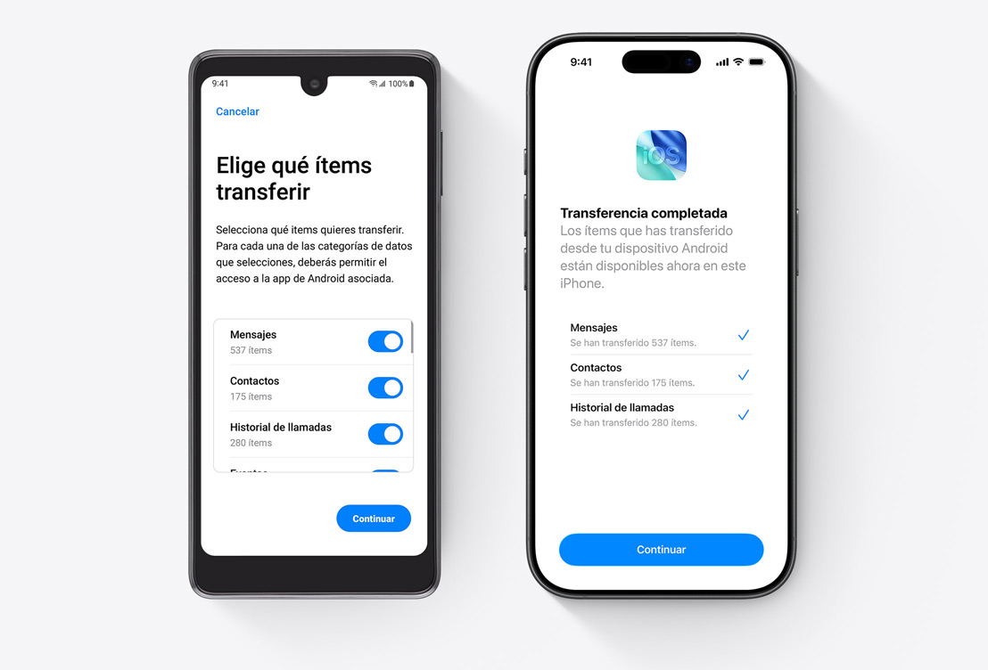 Dispositivos uno al lado del otro, teléfono Android con la app Pasar a iOS, iPhone con la app Pasar a iOS