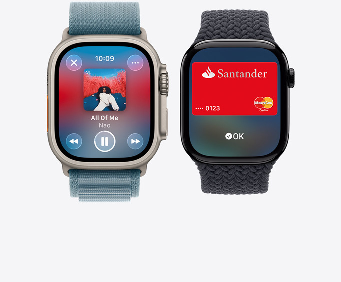 Apple Watch Ultra 3, titanium case, natural color, Apple Music app, now playing screen, Apple Watch Series 11,  aluminum case, polished jet black color, Apple Pay screen, Apple Card