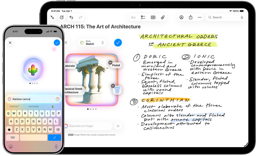Un iPhone montrant la création d’un Genmoji de cactus aux couleurs de l’arc-en-ciel, et un iPad affichant la Baguette graphique qui transforme une esquisse en pavillon moghol.