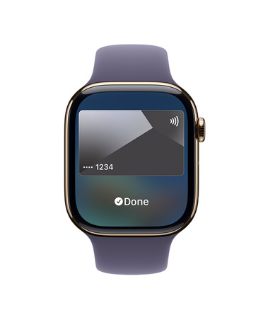 Apple Watch Series 11, gold colour, titanium case, Apple Pay, right side exterior, Digital Crown, purple fog Sport Band