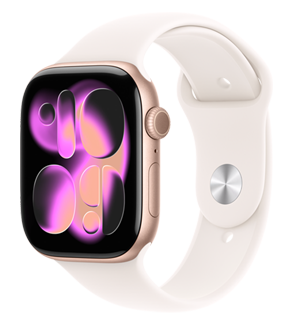 Apple Watch Series 11, rose gold color, aluminum case, Responsive Art watch face, right side exterior, Digital Crown, microphone, side button, Sport Band, light blush color, silver pin-and-tuck closure
