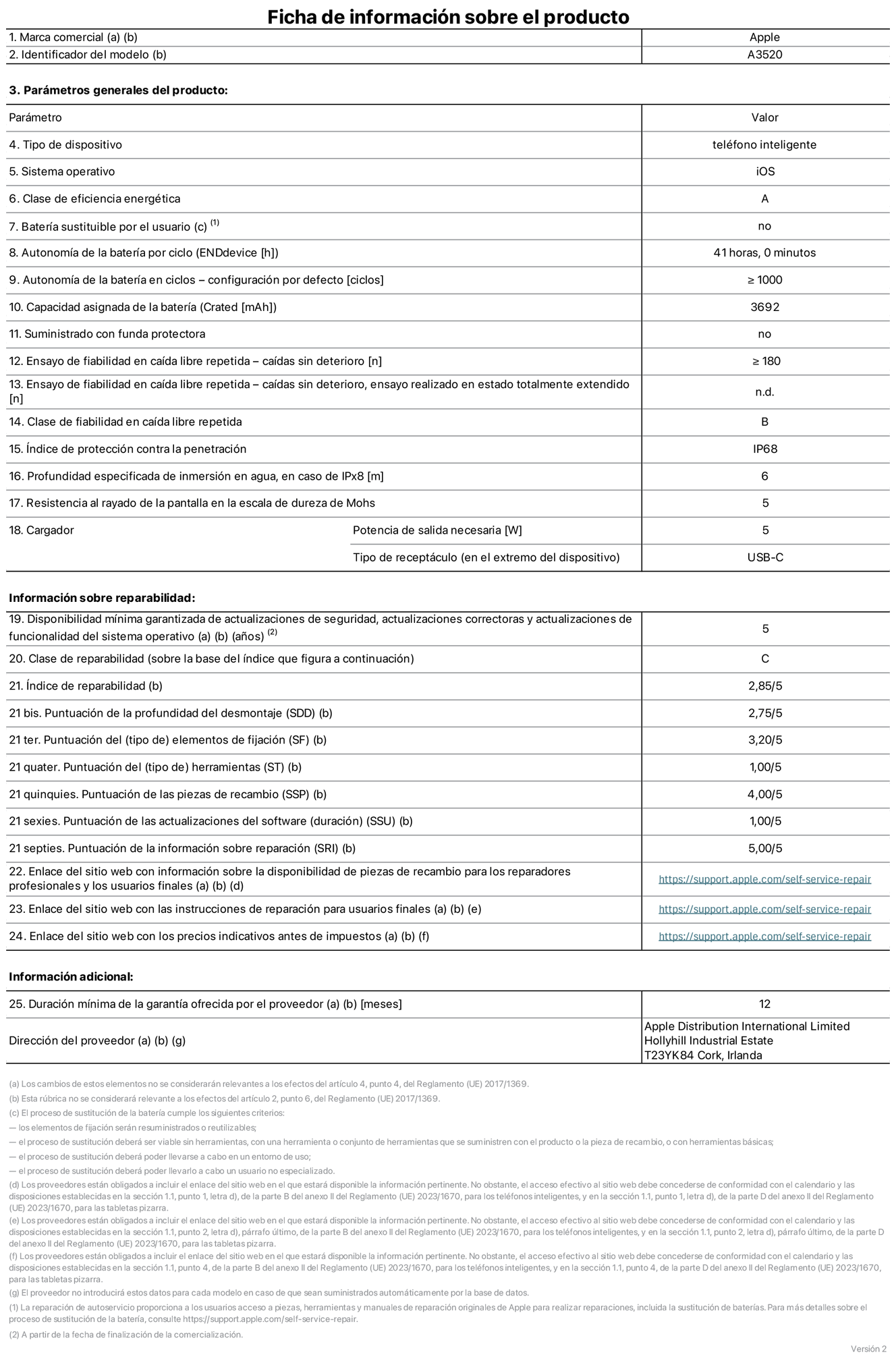 Ficha de información de producto del iPhone 17, modelo A3520. Suministrado por Apple Distribution International Limited con sede en Hollyhill Industrial Estate, T23 YK84 Cork (Irlanda). Tipo de dispositivo: Teléfono inteligente. Sistema operativo: iOS. Clase de eficiencia energética: A. Batería sustituible por el usuario: No. Autonomía de la batería por ciclo: 41 horas. Autonomía de la batería en ciclos (configuración por defecto): ≥ 1.000. Capacidad asignada de la batería: 3.692 mAh. Suministrado con funda protectora: No. Caídas sin deterioro en ensayo de fiabilidad en caída libre repetida: ≥ 180. Caídas sin deterioro en ensayo de fiabilidad en caída libre repetida realizado en estado totalmente extendido: No aplicable. Clase de fiabilidad en caída libre repetida: B. Índice de protección contra la penetración: IP68. Profundidad especificada de inmersión en agua, en caso de iPx8 (metros): 6. Resistencia al rayado de la pantalla en la escala de dureza de Mohs: 5. Potencia de salida necesaria del cargador: 5 W. Tipo de receptáculo del cargador (en el extremo del dispositivo): USB‑C. Disponibilidad mínima garantizada de actualizaciones de seguridad, correctoras y de funcionalidad del sistema operativo: 5 años. Clase de reparabilidad: C. Índice de reparabilidad: 2,82/5. Puntuación de la profundidad del desmontaje (SDD): 2,75/5. Puntuación de los elementos de fijación: 3,20/5. Puntuación de las herramientas: 1/5. Puntuación de las piezas de recambio: 4/5. Puntuación de las actualizaciones de software: 1/5. Puntuación de la información sobre reparación: 5/5. Enlace del sitio web con información sobre la disponibilidad de piezas de recambio para reparadores profesionales y usuarios finales: https://support.apple.com/es-es/self-service-repair. Enlace del sitio web con las instrucciones de reparación para usuarios finales: https://support.apple.com/es-es/self-service-repair. Enlace del sitio web con los precios indicativos antes de impuestos: https://support.apple.com/es-es/self-service-repair. Se ofrece una garantía general de 12 meses.