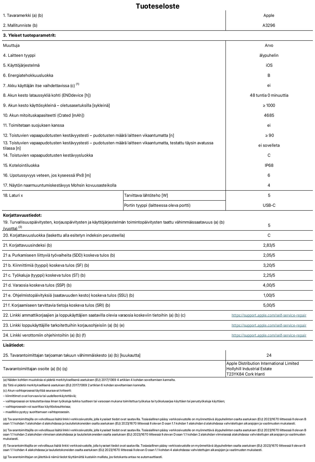 iPhone 16 Pro Maxin tuotetiedot, malli A3296. Toimittaja: Apple Distribution International Limited, Hollyhill Industrial Estate. Cork, Irlanti T23 YK84. Laitteen tyyppi: älypuhelin. Käyttöjärjestelmä: iOS. Energiatehokkuusluokka: B. Akku käyttäjän itse vaihdettavissa: ei. Akun kesto lataussykliä kohti: 48 tuntia. Akun kesto käyttösykleinä – oletusasetuksilla: Vähintään 1 000. Akun mitoituskapasiteetti: 4 685 mAh. Toimitetaan suojuksen kanssa: ei. Toistuvien vapaapudotusten kestävyystesti – pudotusten määrä laitteen vikaantumatta: ≥ 90. Toistuvien vapaapudotusten kestävyystesti – pudotusten määrä laitteen vikaantumatta, testattu täysin avatussa tilassa: ei sovelleta. Toistuvien vapaapudotusten kestävyysluokka: C. Kotelointiluokka: IP68. Upotussyvyys veteen, jos kyseessä IPx8: 6 metriä. Näytön naarmuuntumiskestävyys Mohsin kovuusasteikolla: 4. Laturin tarvittava lähtöteho: 5 W. Laturin portin tyyppi (laitteessa): USB-C. Turvallisuuspäivitysten, korjauspäivitysten ja käyttöjärjestelmän toimintopäivitysten taattu vähimmäissaatavuus: 5 vuotta. Korjattavuusluokka: C. Korjattavuusindeksi: 2,83/5. Purkamiseen liittyviä työvaiheita (SDD) koskeva tulos: 2,05/5. Kiinnittimiä koskeva tulos: 3,20/5. Työkaluja koskeva tulos: 1,00/5. Varaosia koskeva tulos: 4,00/5. Ohjelmistopäivityksiä koskeva tulos: 1,00/5. Korjaamiseen tarvittavia tietoja koskeva tulos: 5,00/5. Linkki ammattikorjaajien ja loppukäyttäjien saatavilla olevia varaosia koskeviin tietoihin: https://support.apple.com/self-service-repair. Linkki loppukäyttäjille tarkoitettuihin korjausohjeisiin: https://support.apple.com/self-service-repair. Linkki verottomiin ohjehintoihin: https://support.apple.com/self-service-repair. Yleistakuun kesto 12 kuukautta.