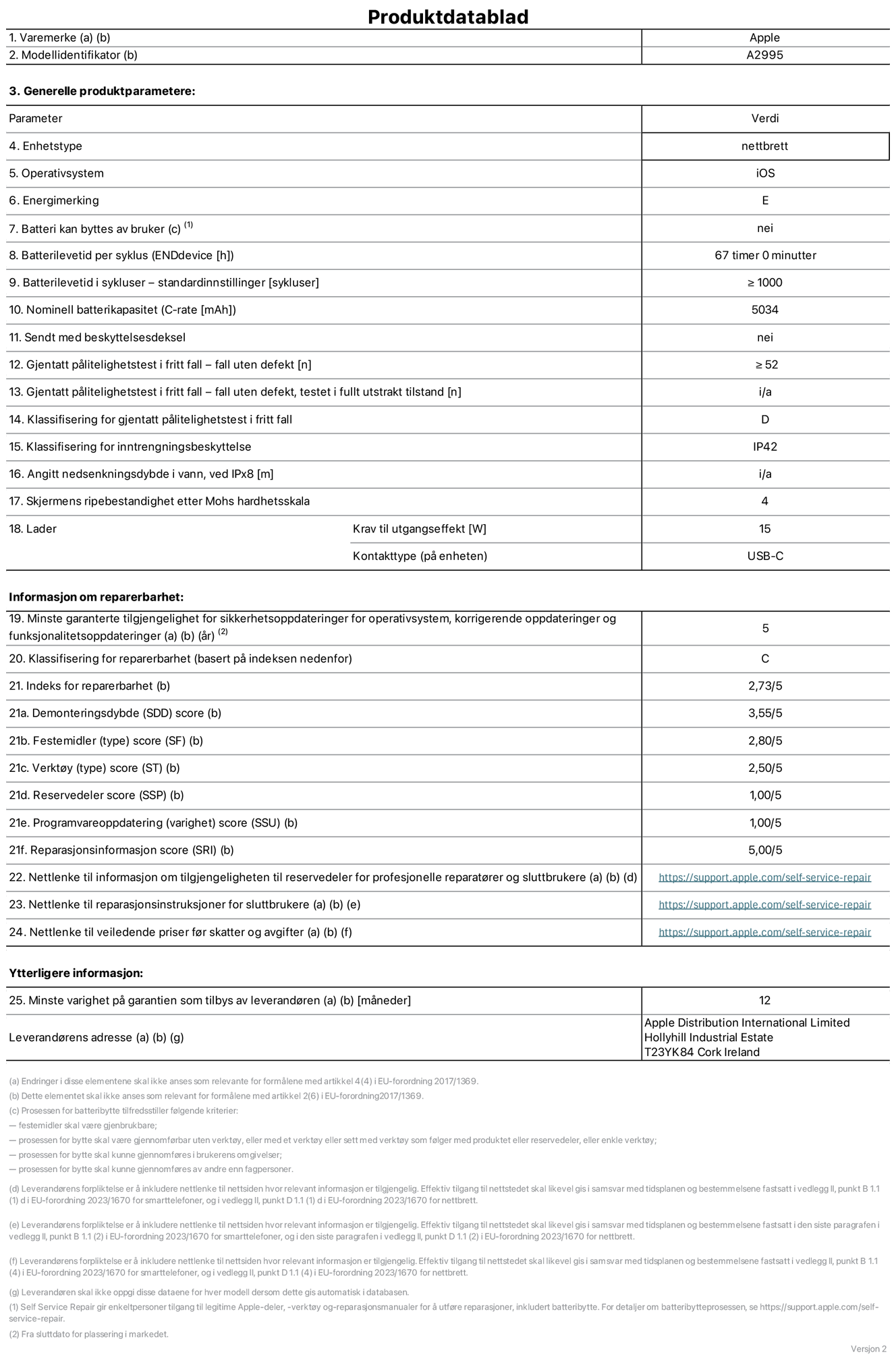 Produktdatablad for iPad mini Wi‑Fi + Cellular – modell A2995. Levert av Apple Distribution International Ltd, Hollyhill Industrial Estate. Cork, Irland T23 YK84. Enhetstype: nettbrett. Operativsystem: iOS. Energieffektivitetsklasse: E. Batteriet kan byttes av brukeren: nei. Batteriets holdbarhet: 67 timer. Batteriets holdbarhet i antall ladesykluser: større enn eller lik 1000. Nominell batterikapasitet: 5034 mAh. Holdbarhetstest ved gjentatte fall – antall fall uten feil: større enn eller lik 52. Holdbarhetsklasse ved gjentatte fall: D. Kapslingsgrad: IP42. Skjermens ripefasthet på Mohs skala: 4. Krav til laderens utgangseffekt: 15 watt. Laderens stikkontakt: USB-C. Minstegaranti for tilgang på sikkerhetsoppdateringer, feilrettinger og funksjonsoppdateringer til operativsystemet: 5 år. Reparerbarhetsklasse: C. Reparerbarhetsindeks: 2,73/5. Demontering: 3,55/5. Festeanordninger: 2,80/5. Verktøy: 2,50/5. Reservedeler: 1,00/5. Programvareoppdateringer: 1,00/5. Informasjon om reparasjon: 5,00/5. Lenke til informasjon om tilgjengelighet for reservedeler for profesjonelle reparatører og sluttbrukere: https://support.apple.com/self-service-repair. Lenke til reparasjonsveiledning for sluttbrukere: https://support.apple.com/self-service-repair. Lenke til veiledende priser ekskl. mva: https://support.apple.com/self-service-repair. Produktet omfattes av en 12-måneders generell garanti.