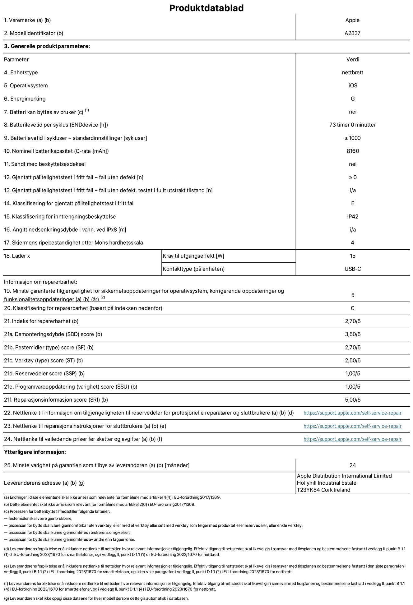 Produktdatablad for 11-tommers iPad Pro Wi‑Fi + Cellular – modell A2837. Levert av Apple Distribution International Ltd, Hollyhill Industrial Estate. Cork, Irland T23 YK84. Enhetstype: nettbrett. Operativsystem: iOS. Energieffektivitetsklasse: G. Batteriet kan byttes av brukeren: nei. Batteriets holdbarhet: 73 timer. Batteriets holdbarhet i antall ladesykluser: ≥ 1000. Nominell batterikapasitet: 8160 mAh. Holdbarhetstest ved gjentatte fall – antall fall uten feil: ≥ 0. Holdbarhetsklasse ved gjentatte fall: E. Kapslingsgrad: IP42. Skjermens ripefasthet på Mohs skala: 4. Krav til laderens utgangseffekt: 15 watt. Laderens stikkontakt: USB-C. Minstegaranti for tilgang på sikkerhetsoppdateringer, feilrettinger og funksjonsoppdateringer til operativsystemet: 5 år. Reparerbarhetsklasse: C. Reparerbarhetsindeks: 2,70/5. Demontering: 3,55/5. Festeanordninger: 2,70/5. Verktøy: 2,50/5. Reservedeler: 1,00/5. Programvareoppdateringer: 1,00/5. Informasjon om reparasjon: 5,00/5. Lenke til informasjon om tilgjengelighet for reservedeler for profesjonelle reparatører og sluttbrukere: https://support.apple.com/self-service-repair. Lenke til reparasjonsveiledning for sluttbrukere: https://support.apple.com/self-service-repair. Lenke til veiledende priser ekskl. mva: https://support.apple.com/self-service-repair. Produktet omfattes av en 24-måneders generell garanti.