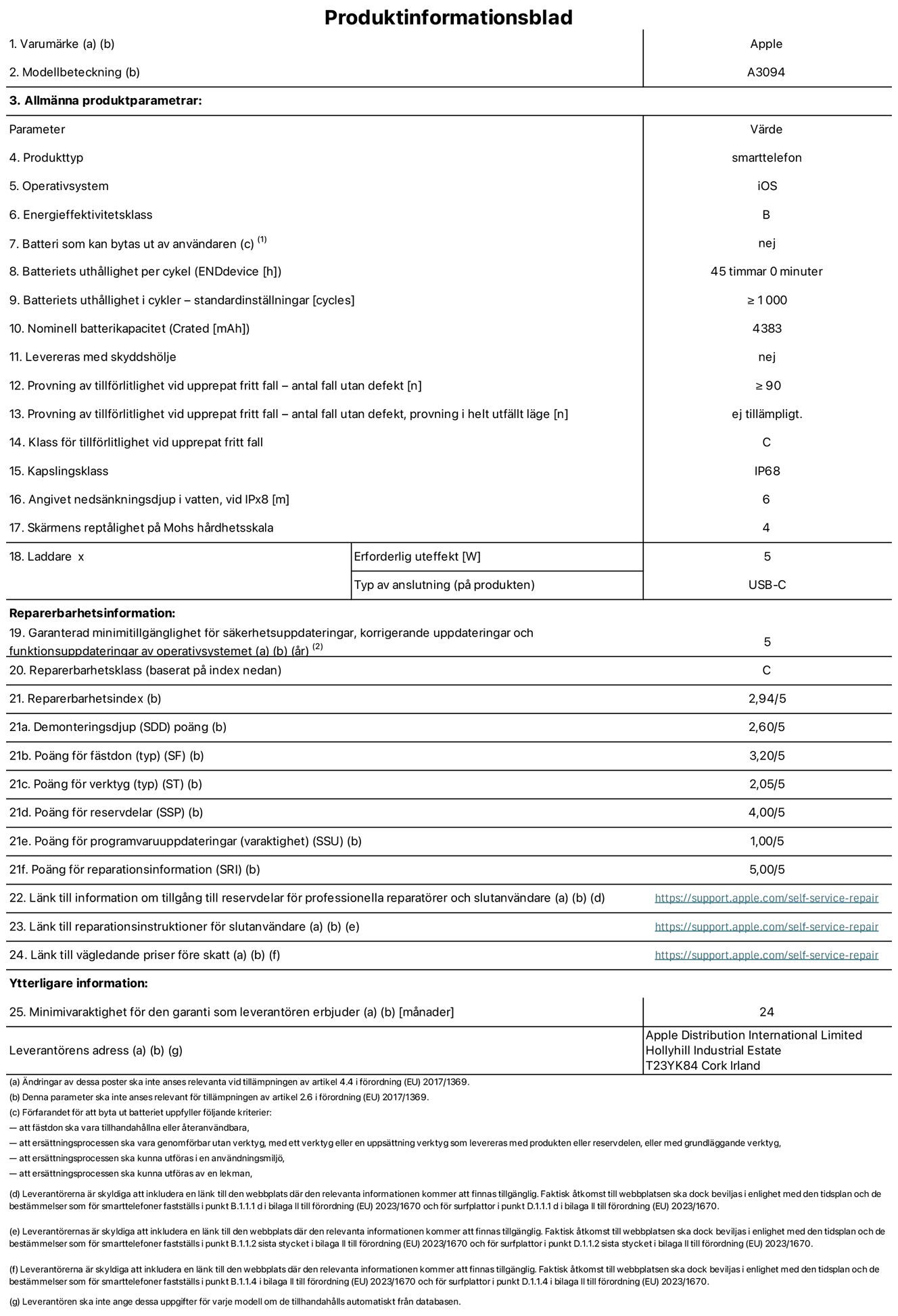 Produktinformationsblad för iPhone 15 Plus, modell A3094. Tillhandahålls av Apple Distribution International Limited, Hollyhill Industrial Estate. Cork, Irland T23 YK84. Enhetstyp: smartphone. Operativsystem: iOS. Energieffektivitetsklass: B. Batteri som kan bytas ut av användaren: nej. Batteritid per laddningscykel: 45 timmar. Batteriets livslängd i antal cykler – standardinställningar: ≥ 1000. Nominell batterikapacitet: 4383 mAh. Levereras med skyddsfodral: nej. Tillförlitlighetstest vid upprepat fritt fall – antal fall utan defekter: ≥ 90. Tillförlitlighetstest vid upprepat fritt fall – antal fall utan defekter testat i helt utfällt läge: ej tillämpligt. Tillförlitlighet vid upprepat fritt fall: klass C. IP-klass: IP68. Angivet nedsänkningsdjup vid iPx8: 6. Skärmens reptålighet enligt Mohs hårdhetsskala: 4. Laddare – uteffekt som krävs: 5 W. Typ av uttag på laddaren: usb-c. Garanterad minimiperiod för tillgång till säkerhetsuppdateringar, korrigerande uppdateringar och funktionsuppdateringar av operativsystemet: 5 år. Reparerbarhetsklass: C. Repararbarhetsindex: 2,94/5. Poäng för demonteringsdjup (SDD): 2,60/5. Poäng för fästen: 3,20/5. Poäng för verktyg: 2,05/5. Poäng för reservdelar: 4,00/5. Poäng för mjukvaruuppdateringar: 1,00/5. Poäng för reparationsinformation: 5,00/5. Länk till information om tillgängliga reservdelar för professionella reparatörer och slutanvändare: https://support.apple.com/self-service-repair. Länk till reparationsanvisningar för slutanvändare: https://support.apple.com/self-service-repair. Länk till vägledande priser före skatt: https://support.apple.com/self-service-repair. Produkten omfattas av 24 månaders garanti.