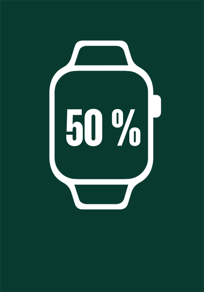 Ilustración del Apple Watch, en línea verde que baja hasta la mitad para indicar un 50 por ciento