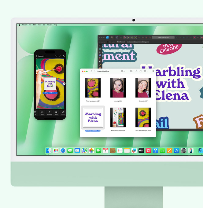 iMac vert. Recopie de l’iPhone en cours d’utilisation. Un fichier est glissé de l’iMac vers l’écran de l’iPhone recopié.