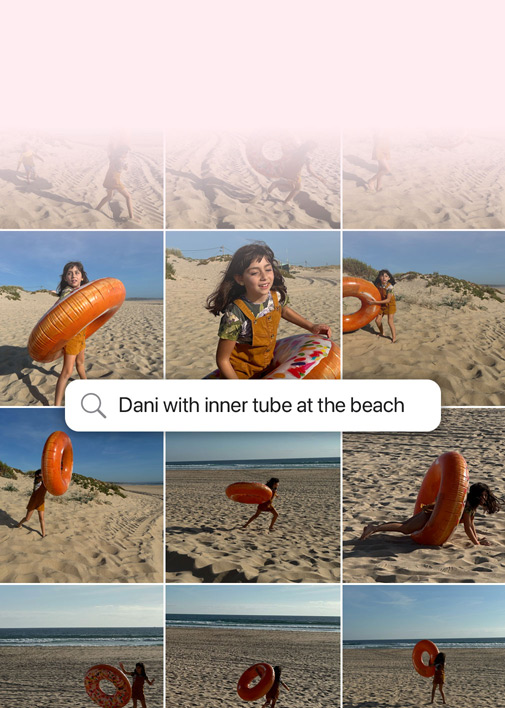 Feature demonstration: Natural language search for photos. Photos of a dog with the search query over the photos: ‘Bandit wearing his costumes’