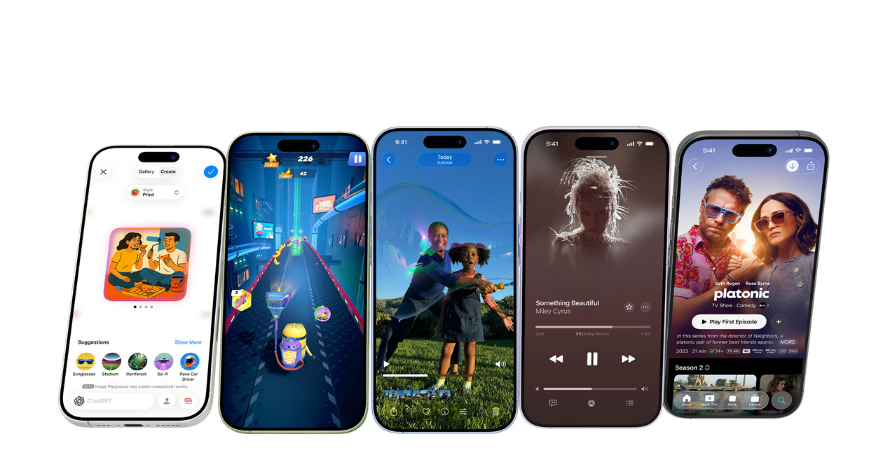 iPhone 17 devices in different colours, screens showing various apps