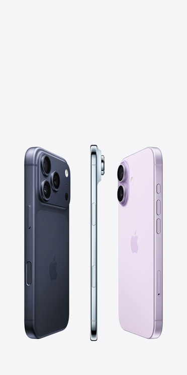 iPhone 17 Pro, Rückseite, Pro Fusion Kamera-System oben, iPhone Air, sehr dünner Titanrand, iPhone 17, Rückseite, fortschrittliches Zwei-Kamera-System oben links