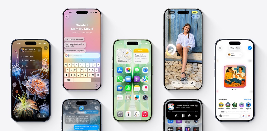 Verschiedene iPhone 17 und 17 Pro Geräte mit jeweils einem anderen Display, das iOS 26 und Apple Intelligence Features zeigt